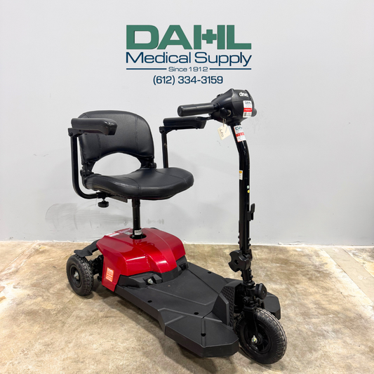 Angled front view of the Drive BoBCAT X3 3-wheel mobility scooter highlighting the adjustable tiller, easy-to-use controls, and compact design for indoor and everyday use. Displayed at Dahl Medical Supply.