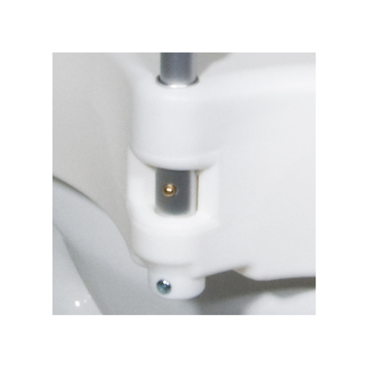 Close-up view of the locking arm attachment on the Drive Medical 2-in-1 Raised Toilet Seat, showing the secure metal support post and molded plastic housing for stability and safety.