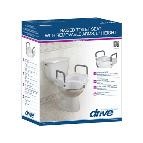 Retail packaging for the Drive Medical raised toilet seat with removable arms, showing the 5-inch height model installed on a standard toilet along with key features such as convenience, padded armrests, tool-free installation, and 300 lb weight capacity