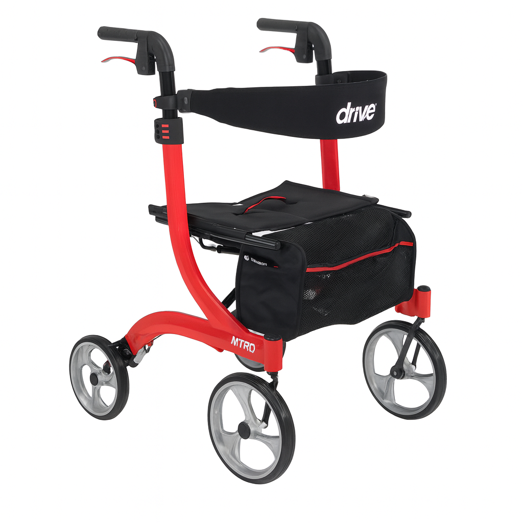 Red Drive Nitro Rollator with four large wheels, ergonomic handles, padded seat, and storage bag, lightweight mobility walker for indoor and outdoor use.