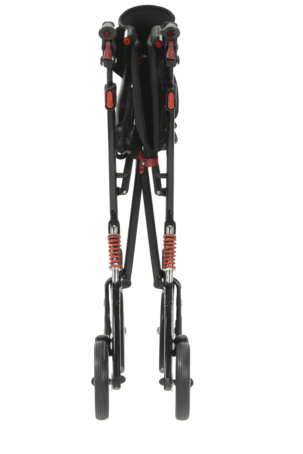 Folded Drive Nitro Rollator in black with red accents, shown in upright position to display compact side-to-side folding design and durable wheels for easy transport.