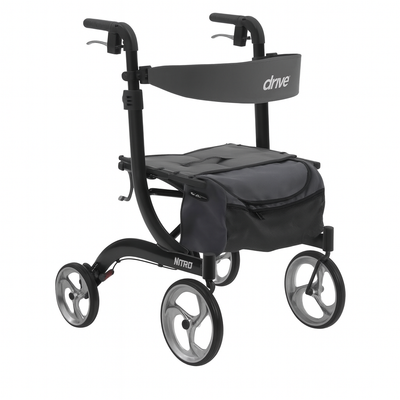 Drive Nitro Rollator with four large wheels, ergonomic handles, padded seat, and storage bag, lightweight mobility walker for indoor and outdoor use.