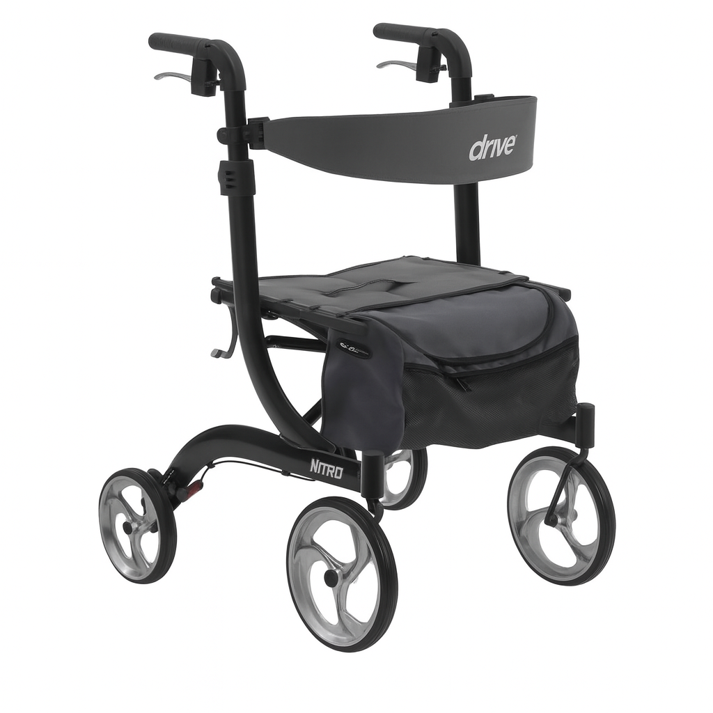Drive Nitro Rollator with four large wheels, ergonomic handles, padded seat, and storage bag, lightweight mobility walker for indoor and outdoor use.