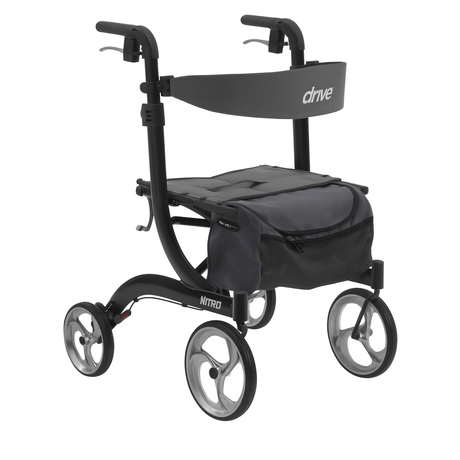 Drive Nitro Rollator with four large wheels, ergonomic handles, padded seat, and storage bag, lightweight mobility walker for indoor and outdoor use.
