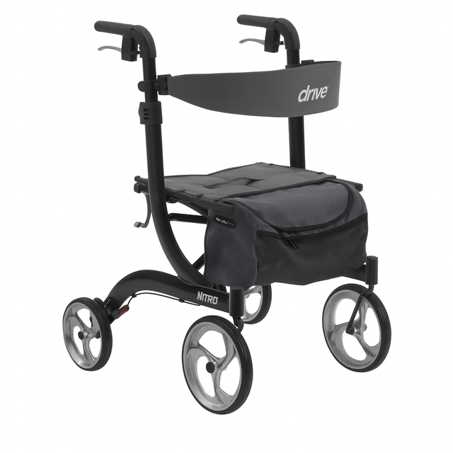 Drive Nitro Rollator with four large wheels, ergonomic handles, padded seat, and storage bag, lightweight mobility walker for indoor and outdoor use.