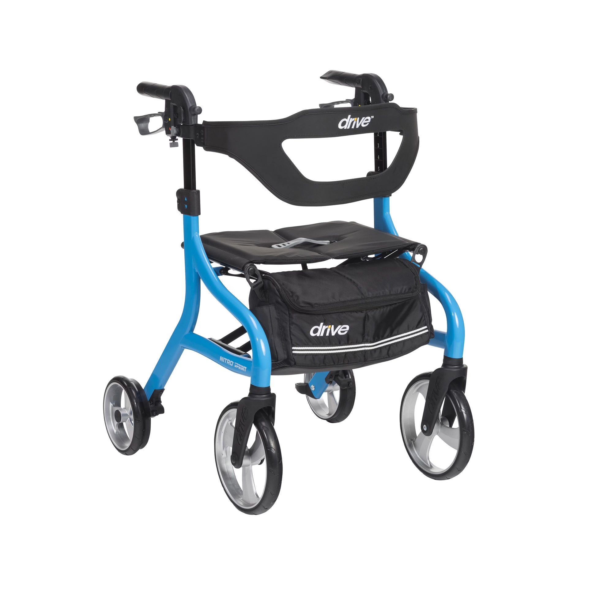 Blue Drive Nitro Sprint Rollator with padded seat, contoured backrest, large wheels, and front storage bag for comfort and mobility.