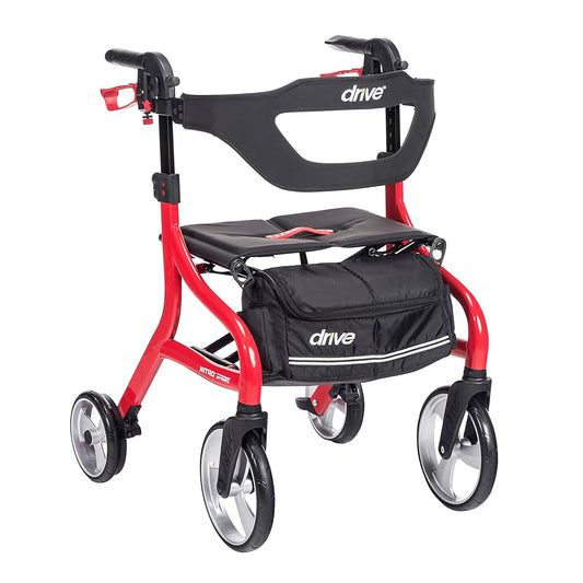 Red Drive Nitro Sprint Rollator with padded seat, contoured backrest, large wheels, and front storage bag for safe, stylish mobility.