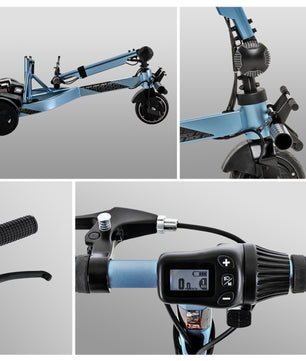 Close-up images highlighting the Drive iRIDE S25 scooter features including adjustable seat, hand brake, foot brake, tiller controls, and digital display.