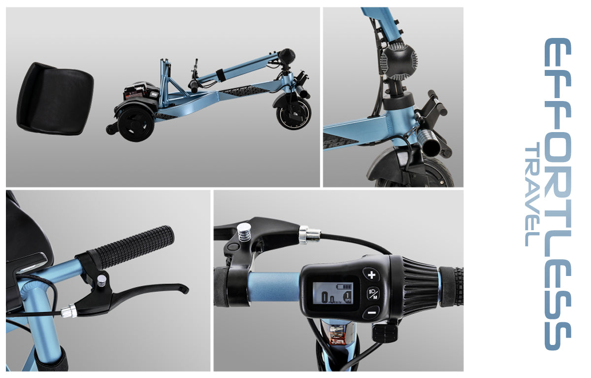 Close-up images highlighting the Drive iRIDE S25 scooter features including adjustable seat, hand brake, foot brake, tiller controls, and digital display.