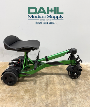 Used Drive iRIDE S25 3-wheel mobility scooter shown in folded position, demonstrating compact design for storage and travel.