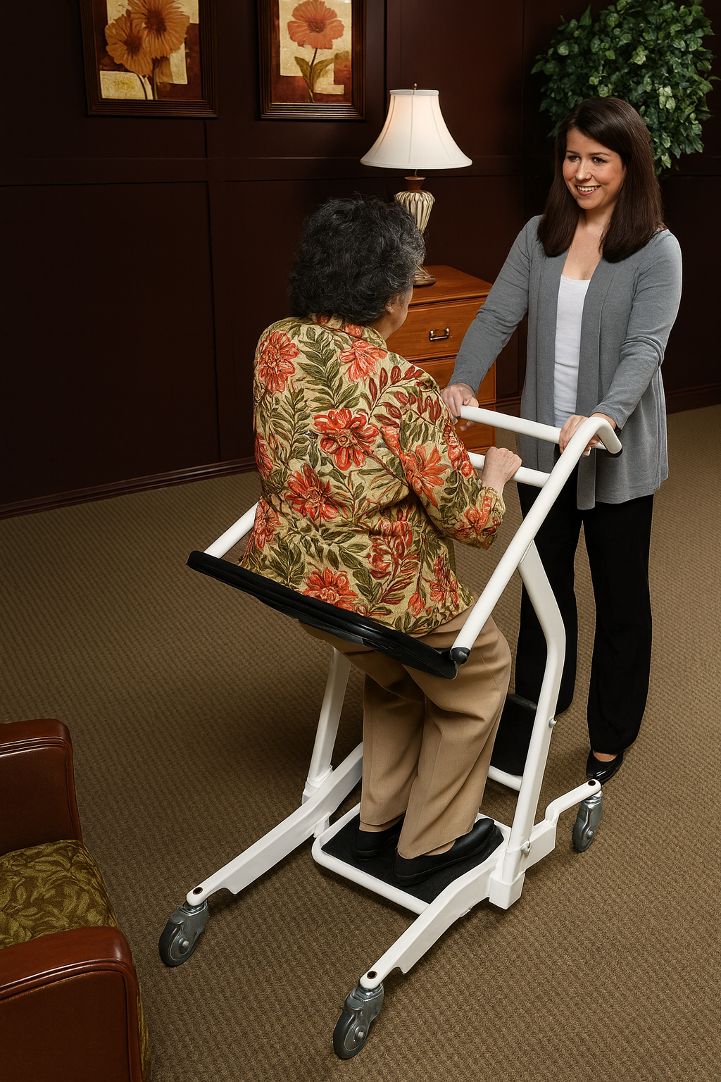 A caregiver assists an elderly woman standing securely on a white stand assist patient transport device in a home setting, promoting safe mobility and transfers.