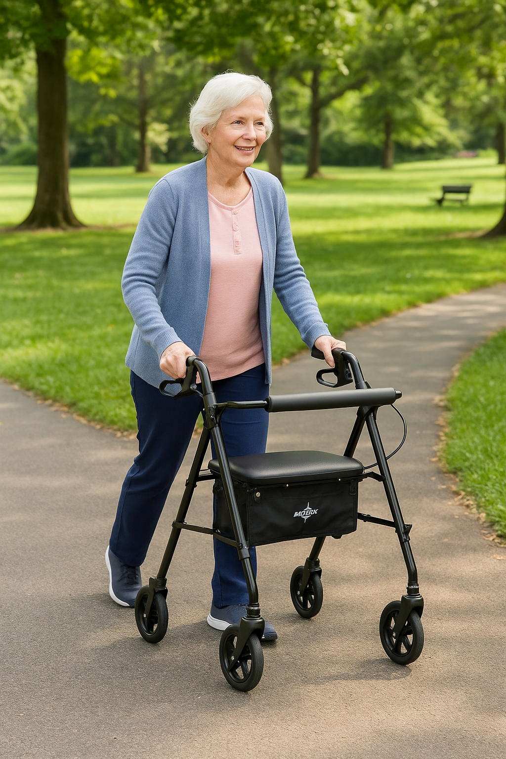 An older adult uses a lightweight black Medline rollator while walking on a paved path in a sunny park surrounded by green grass and trees.