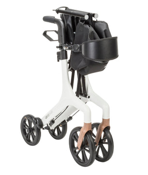 Folded AeroWalk Ultra-Lite Rollator Walker in white showing compact storage design, lightweight aluminum frame, and large wheels
