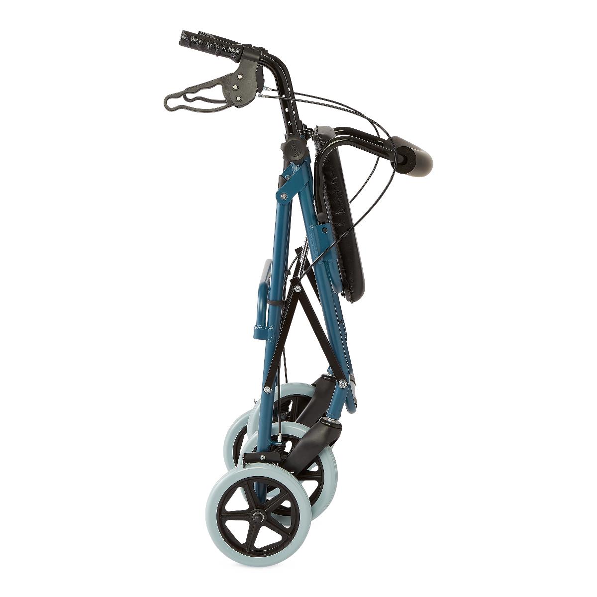 Medline Deluxe Rollator shown in folded position for compact storage and transport, featuring blue frame, padded seat, and 8-inch wheels.