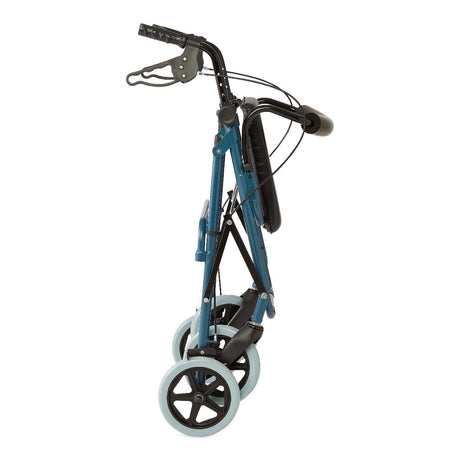 Medline Deluxe Rollator shown in folded position for compact storage and transport, featuring blue frame, padded seat, and 8-inch wheels.