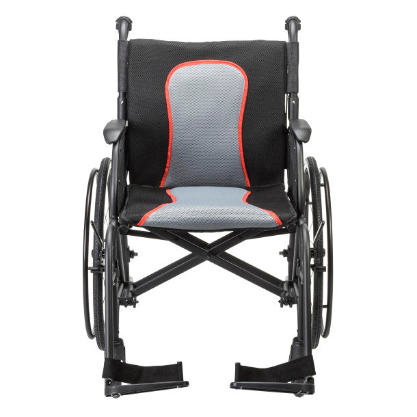Front view of AeroFly Ultra Lite Wheelchair with gray and red padded seat, lightweight frame, and folding cross-brace design.