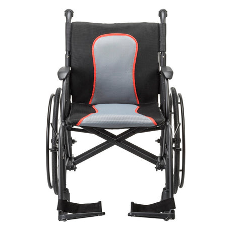 Front view of AeroFly Ultra Lite Wheelchair with gray and red padded seat, lightweight frame, and folding cross-brace design.