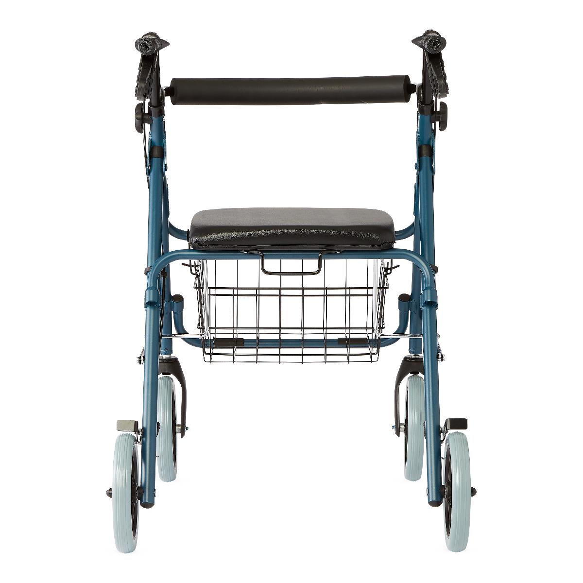 Front view of Medline Deluxe Rollator with padded seat, wire storage basket, ergonomic hand brakes, and four 8-inch wheels for stability and support.