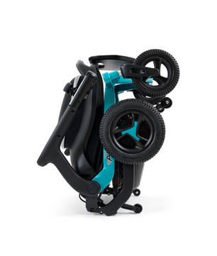 Golden Ally GP303 portable power wheelchair shown in folded position, highlighting its compact design, teal frame, and travel-friendly size for easy transport.