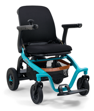 Golden Ally GP303 teal portable power wheelchair with black seat, front basket storage, joystick control, and durable outdoor-ready wheels.