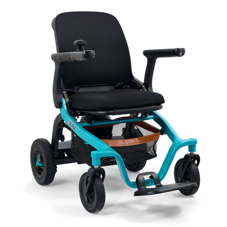 Golden Ally GP303 teal portable power wheelchair with black seat, front basket storage, joystick control, and durable outdoor-ready wheels.