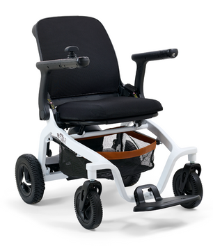 Golden Ally GP303 lightweight portable power wheelchair in white with black seat, compact travel-ready design and four-wheel stability.