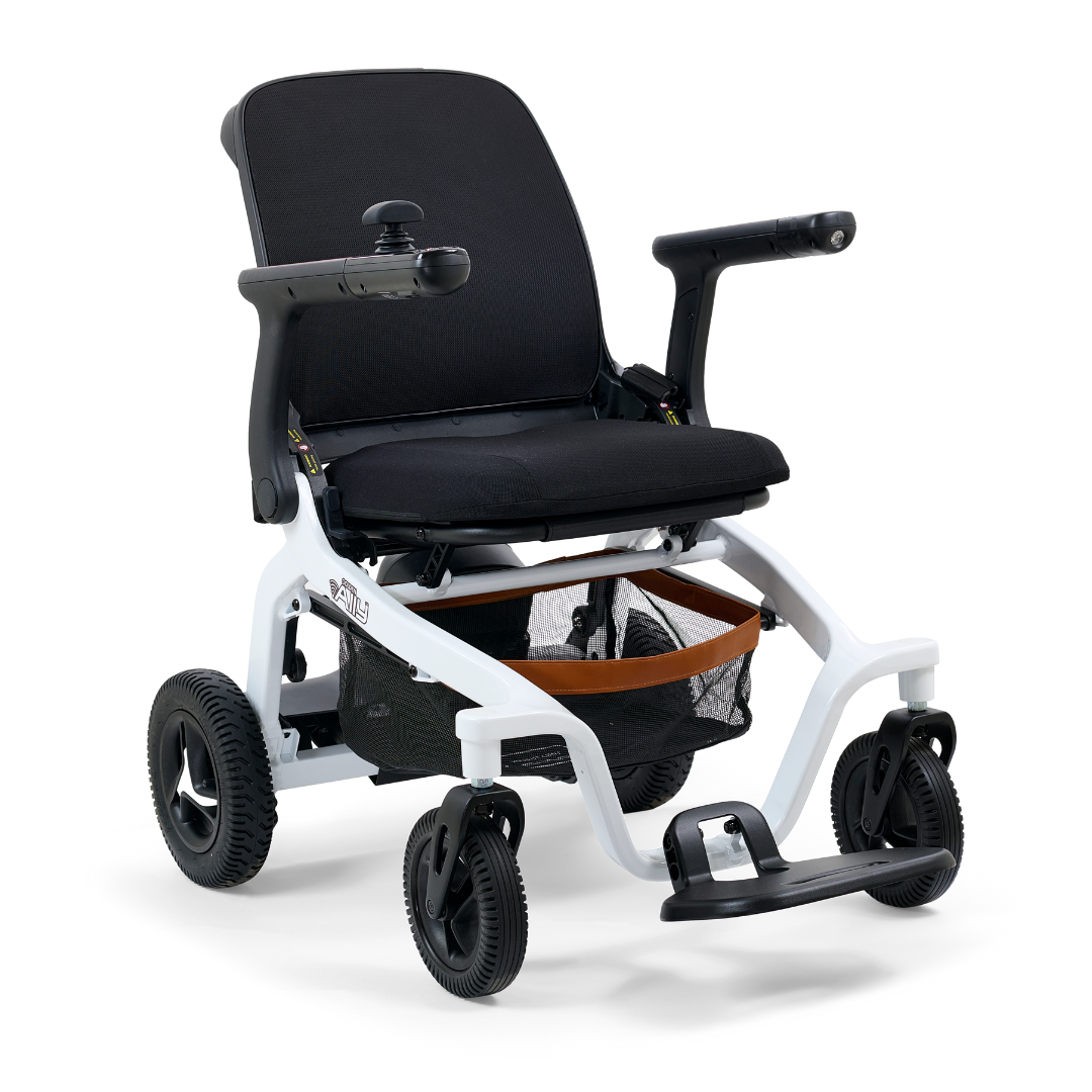 Golden Ally GP303 lightweight portable power wheelchair in white with black seat, compact travel-ready design and four-wheel stability.