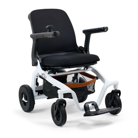 Golden Ally GP303 lightweight portable power wheelchair in white with black seat, compact travel-ready design and four-wheel stability.