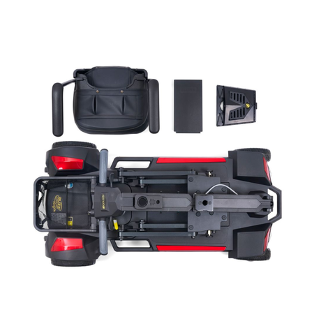 Top view of the Golden Buzzaround CarryOn GB120 folded travel mobility scooter with removable seat and battery components displayed above.