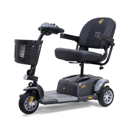 Golden Buzzaround EX 3-wheel mobility scooter with gray accents, padded seat, armrests, front basket, and compact three-wheel design