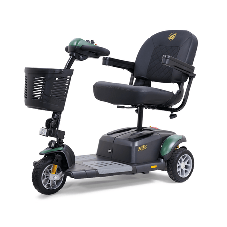 Golden Buzzaround EX 3-wheel mobility scooter with green accents, padded seat, armrests, front basket, and compact three-wheel design