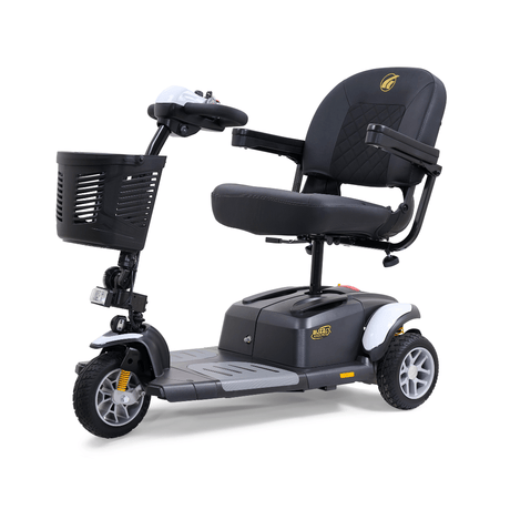Golden Buzzaround EX 3-wheel mobility scooter with white accents, padded seat, armrests, front basket, and compact three-wheel design