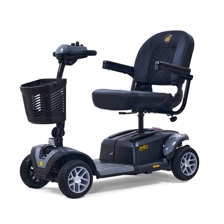Golden Buzzaround EX 4-wheel mobility scooter with gray accent panels, padded seat, front basket, and four wheels on a white background