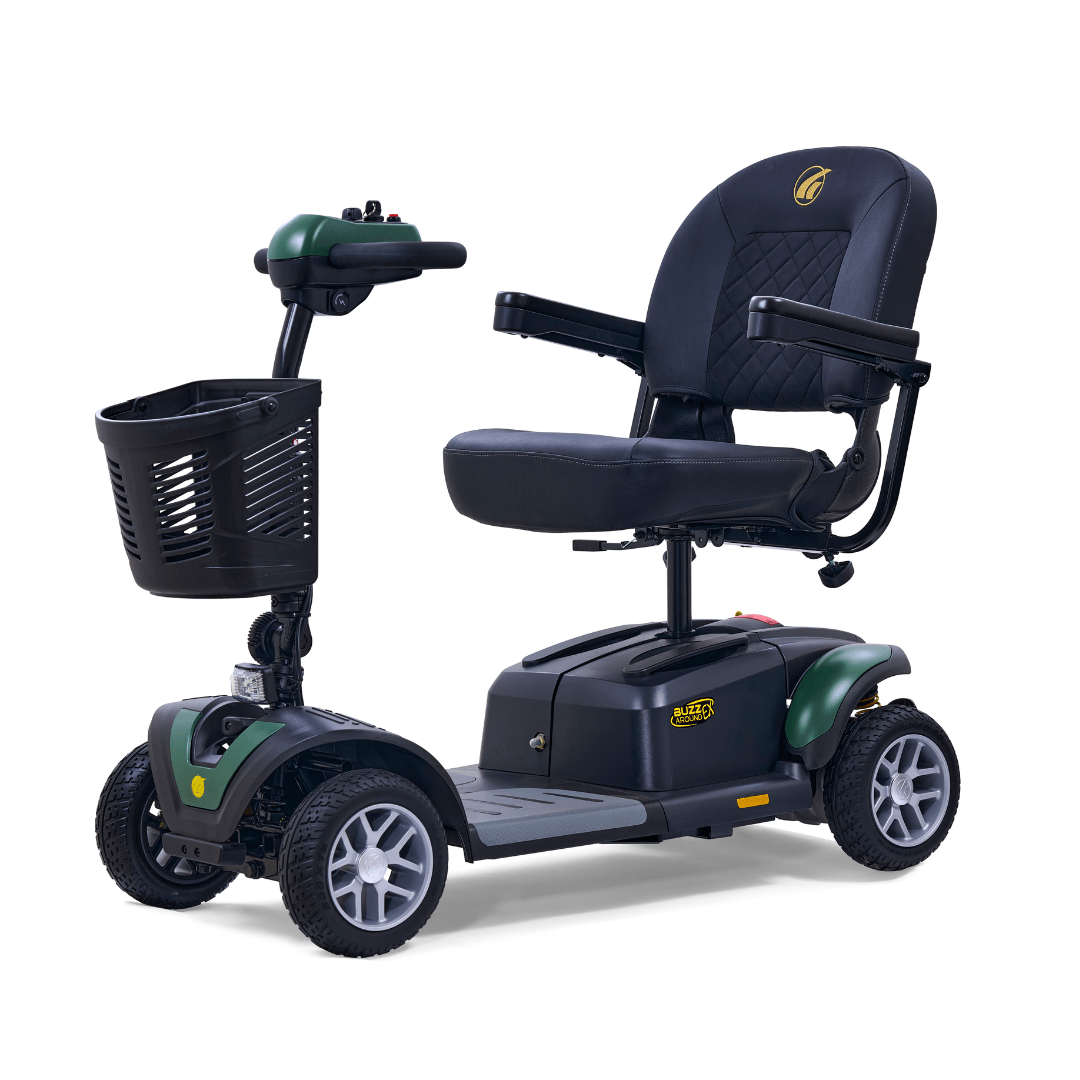 Golden Buzzaround EX 4-wheel mobility scooter with green accent panels, padded seat, front basket, and four wheels on a white background