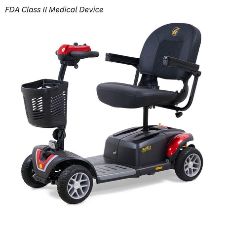 Golden Buzzaround EX 4-wheel mobility scooter with red accent panels, padded seat, front basket, and four wheels on a white background
