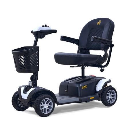 Golden Buzzaround EX 4-wheel mobility scooter with white accent panels, padded seat, front basket, and four wheels on a white background