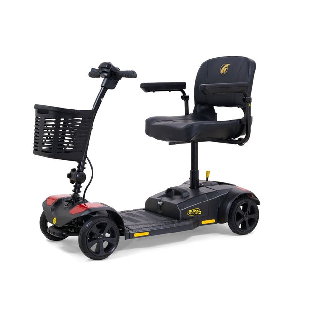 Side view of the Golden Buzzaround LT 4-wheel mobility scooter featuring a padded seat with armrests, front basket, and low step-through platform.
