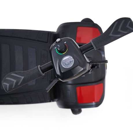 Top view of the Golden Buzzaround LT scooter tiller showing speed control dial, battery gauge, and ergonomic hand grips.
