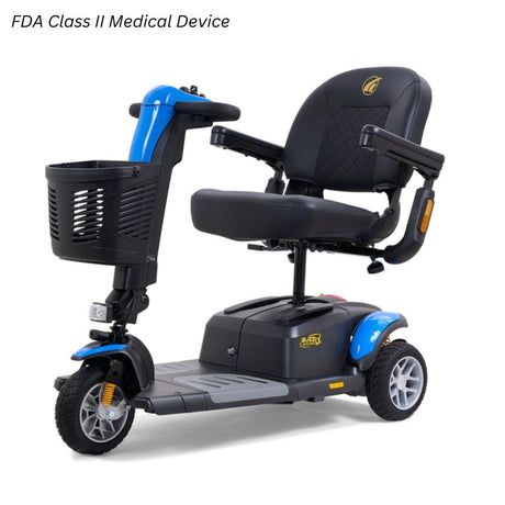 Blue Golden Buzzaround LX 3-wheel mobility scooter with padded seat, armrests, front basket, and three-wheel design on white background.