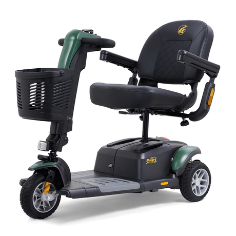 Green Golden Buzzaround LX 3-wheel mobility scooter with contoured seat, armrests, front basket, and compact indoor-friendly design.