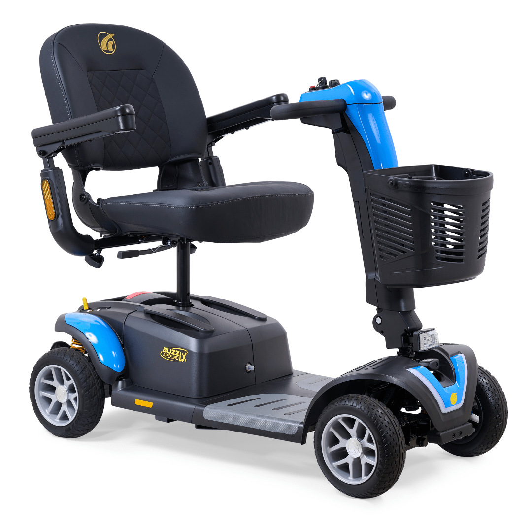 Blue Golden Buzzaround LX® 4-wheel travel mobility scooter with padded swivel seat, flip-back armrests, front basket, and stable four-wheel design shown on a white background.