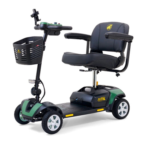 Golden Buzzaround XL 4-wheel mobility scooter with comfortable padded seating, front basket, and green accent panels.