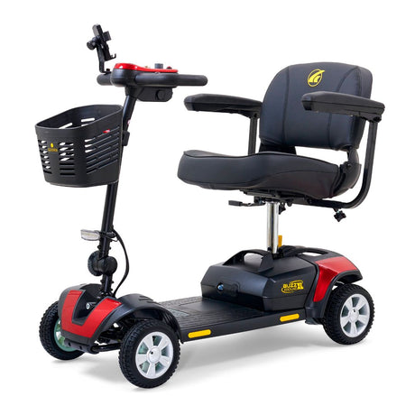 Golden Buzzaround XL 4-wheel mobility scooter with padded stadium-style seat, armrests, front basket, and red accent panels.