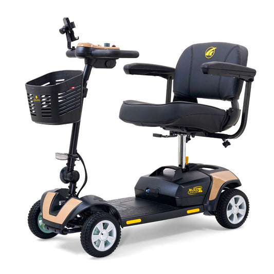 Golden Buzzaround XL 4-wheel mobility scooter with padded seat, armrests, front basket, and tan accent panels.
