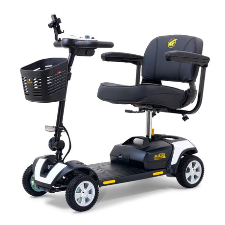 Golden Buzzaround XL 4-wheel mobility scooter with padded stadium-style seat, armrests, front basket, and white accent panels.