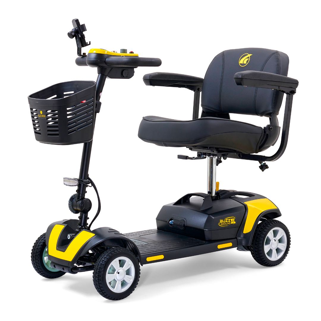Golden Buzzaround XL 4-wheel mobility scooter featuring padded seating, front basket, and yellow accent panels.