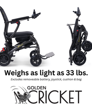 Golden Cricket Lightweight Powerchair weighing just 33 lbs without battery and joystick.