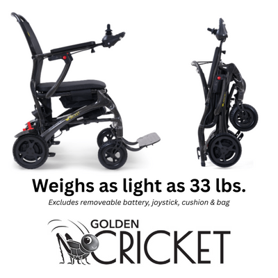 Golden Cricket Lightweight Powerchair weighing just 33 lbs without battery and joystick.