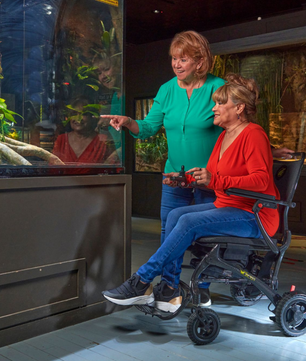 Woman using the Golden Cricket Lightweight PowerChair at an aquarium