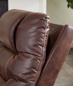 Close-up of the Golden Dione PR446 Lift Chair articulating headrest in maple faux leather at Dahl Medical Supply Burnsville MN